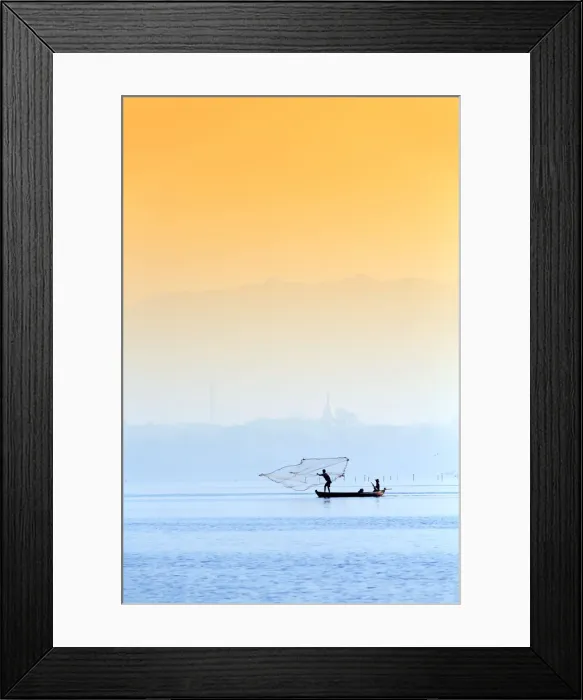 Framed Print : Asia, Southeast Asia, Myanmar, Mandalay; Amarapura, fishermen on the Taungthaman Lake