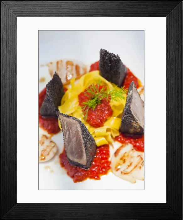 Framed Print : Maldives, Rasdhoo Atoll, Kuramathi Island. Fresh tuna and linguini at the Palm Restaurant