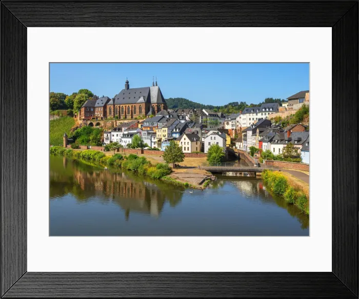 Framed Print : View at Saarburg with church St. Laurentius, river Saar and river Leuk Framed Print : View at Saarburg with church St. Laurentius, river Saar and river Leuk