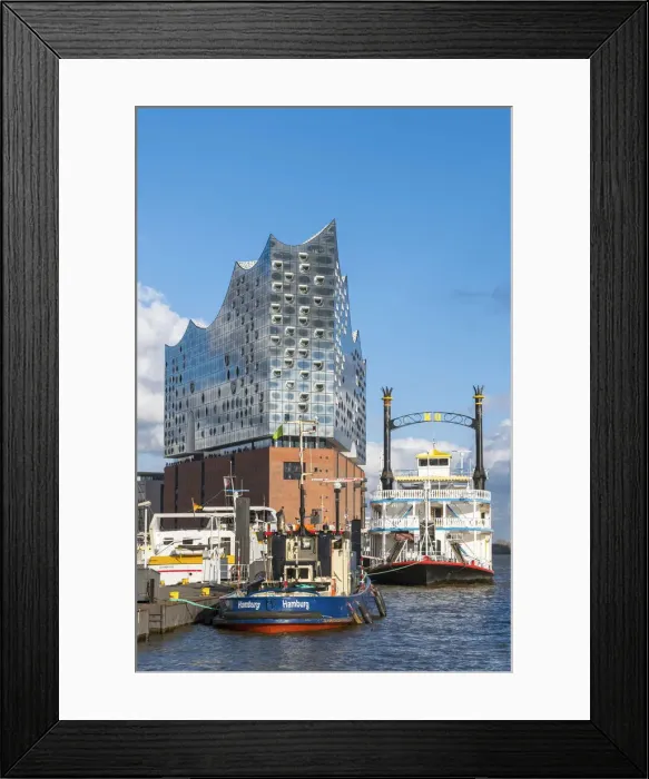 Framed Print : Germany, Hamburg, HafenCity. Boats docked near the Elbphilharmonie (Elbe Philharmonic Framed Print : Germany, Hamburg, HafenCity. Boats docked near the Elbphilharmonie (Elbe Philharmonic