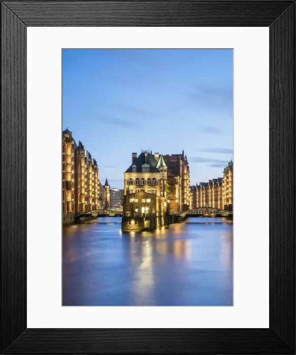 Framed Print : Germany, Hamburg, Speicherstadt. Historic Wasserschloss at dusk, view from