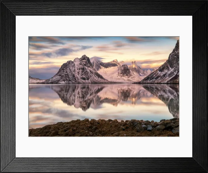 Framed Print : Krakhammer Reflecting in Kjerk-fjorden, Reine, Lofoten Islands, Norway Framed Print : Krakhammer Reflecting in Kjerk-fjorden, Reine, Lofoten Islands, Norway