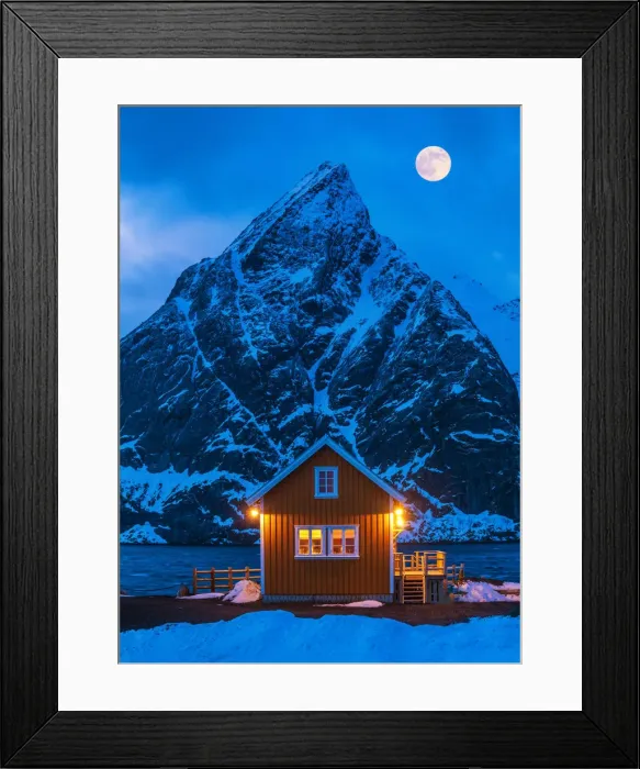 Framed Print : Full Moon over Fishermans Hut & Olstinden, Lofoten Islands, Norway Framed Print : Full Moon over Fishermans Hut & Olstinden, Lofoten Islands, Norway