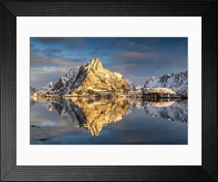 Framed Print : Golden Light on Olstinden Reflecting in Fjord, Reine, Lofoten Islands, Norway Framed Print : Golden Light on Olstinden Reflecting in Fjord, Reine, Lofoten Islands, Norway