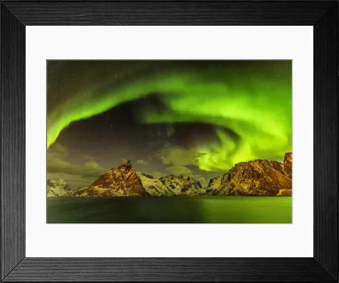 Framed Print : Aurora over Mountains, Lofoten Islands, Norway