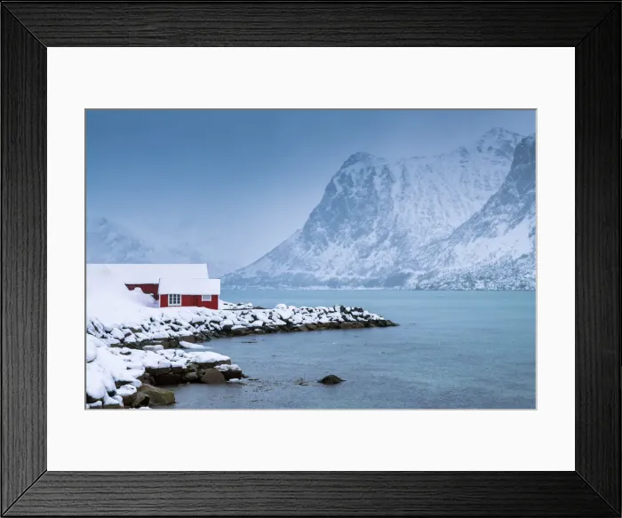 Framed Print : Red Fishing Hut on Flakstadpollen, Lofoten Islands, Norway Framed Print : Red Fishing Hut on Flakstadpollen, Lofoten Islands, Norway