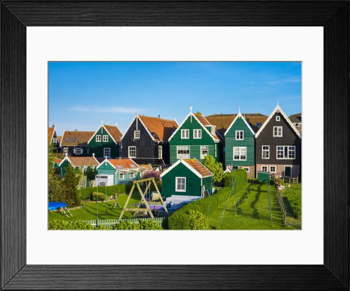 Framed Print : Netherlands, North Holland, Marken. Wooden houses along the harbor in Havenbuurt Framed Print : Netherlands, North Holland, Marken. Wooden houses along the harbor in Havenbuurt