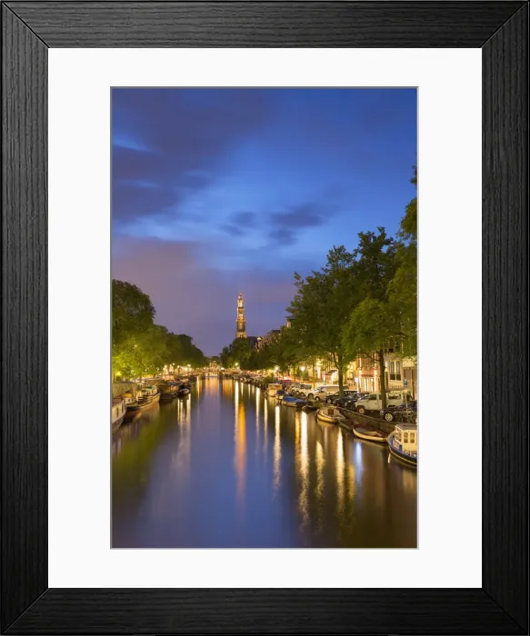 Framed Print : Prinsengracht canal and Westerkerk at dusk, Amsterdam, Netherlands Framed Print : Prinsengracht canal and Westerkerk at dusk, Amsterdam, Netherlands