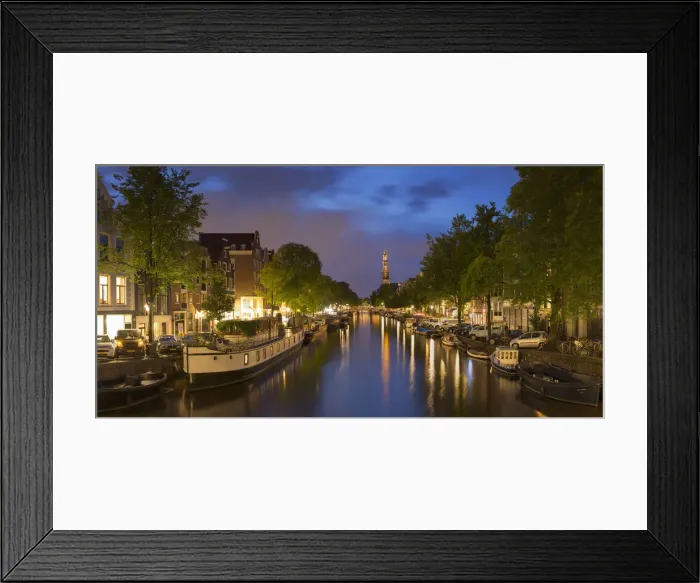 Framed Print : Prinsengracht canal and Westerkerk at dusk, Amsterdam, Netherlands Framed Print : Prinsengracht canal and Westerkerk at dusk, Amsterdam, Netherlands