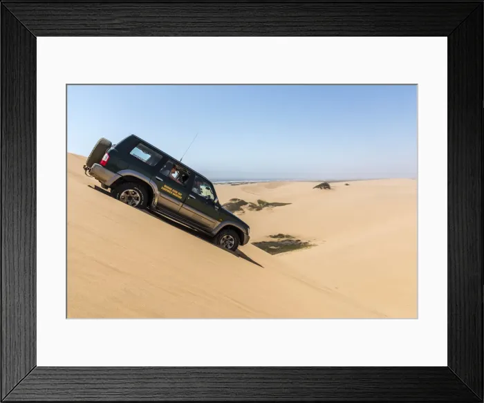 Framed Print : Africa, Namibia, Walvis Bay. Jeep safari on a dune