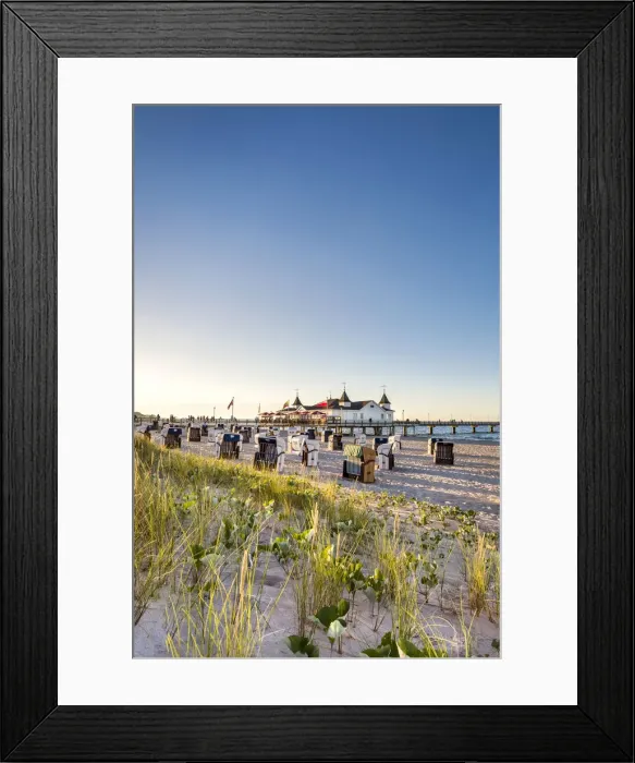Framed Print : Beach baskets and pier, Ahlbeck, Usedom island, Mecklenburg-Western Pomerania, Germany