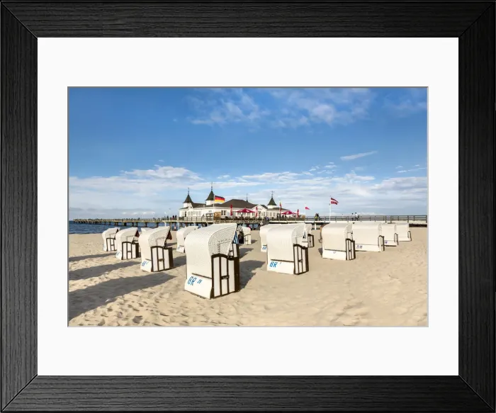 Framed Print : Beach baskets in front of pier, Ahlbeck, Usedom island, Mecklenburg-Western Pomerania Framed Print : Beach baskets in front of pier, Ahlbeck, Usedom island, Mecklenburg-Western Pomerania