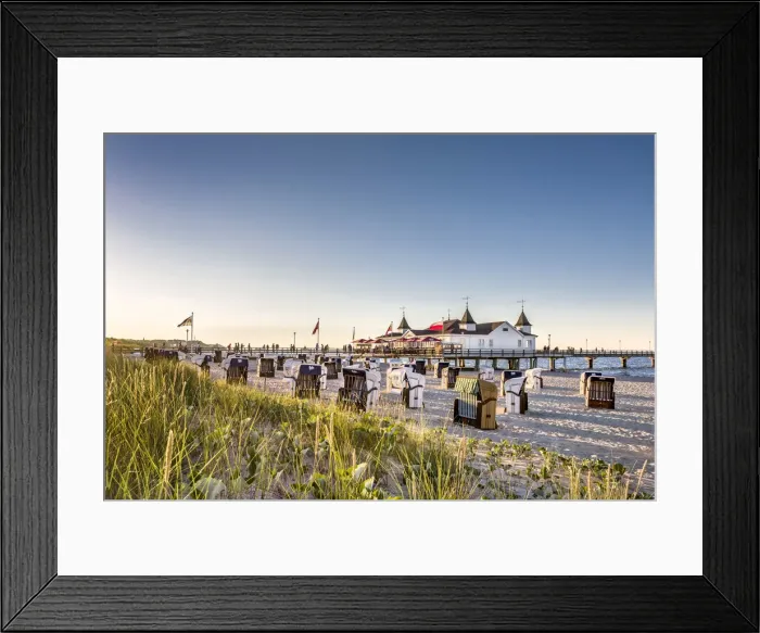 Framed Print : Beach baskets and pier, Ahlbeck, Usedom island, Mecklenburg-Western Pomerania, Germany