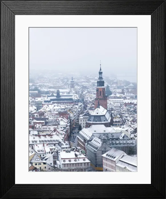 Framed Print : Church of the Holy Spirit (Heliggeistkirche) and old town in winter, Heidelberg