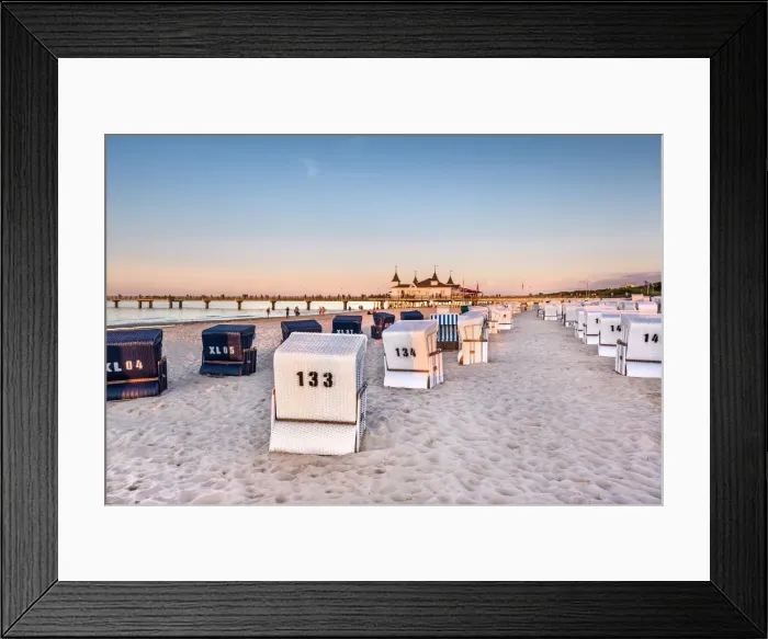 Framed Print : Beach baskets and pier at sunset, Ahlbeck, Usedom island, Mecklenburg-Western Pomerania Framed Print : Beach baskets and pier at sunset, Ahlbeck, Usedom island, Mecklenburg-Western Pomerania