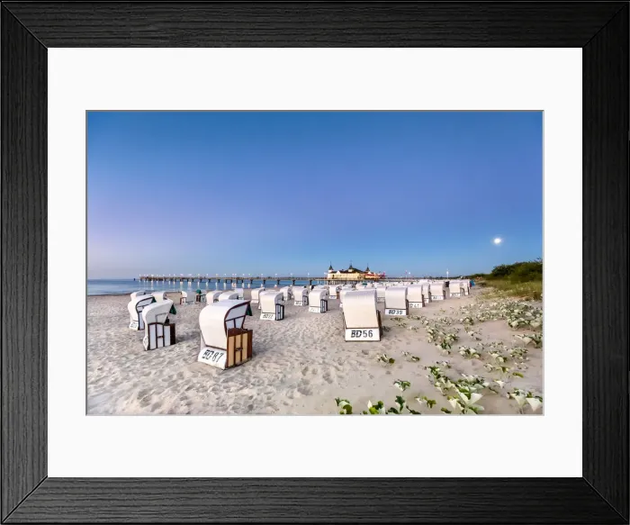 Framed Print : Full moon above beach baskets and pier, Ahlbeck, Usedom island, Mecklenburg-Western Framed Print : Full moon above beach baskets and pier, Ahlbeck, Usedom island, Mecklenburg-Western