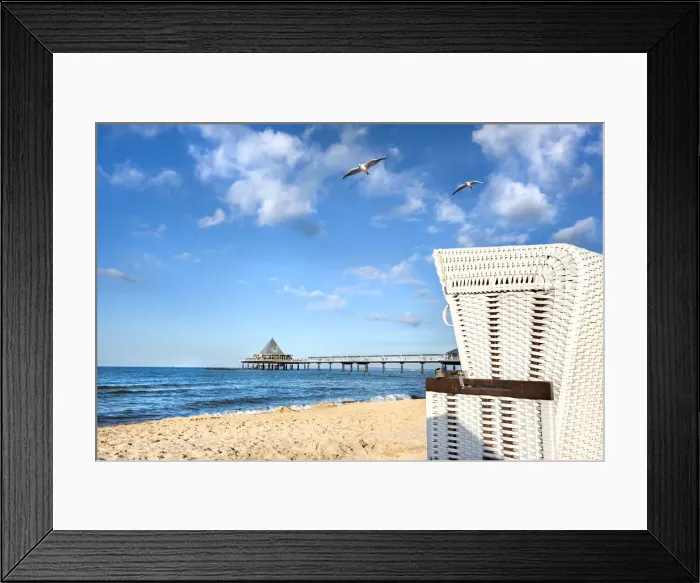 Framed Print : Beach basket and pier, Heringsdorf, Usedom island, Mecklenburg-Western Pomerania, Germany Framed Print : Beach basket and pier, Heringsdorf, Usedom island, Mecklenburg-Western Pomerania, Germany