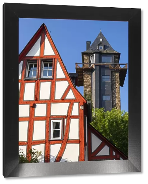 Half-timbered house and tower of old city walls, Oberwesel, Rhineland-Palatinate, Germany