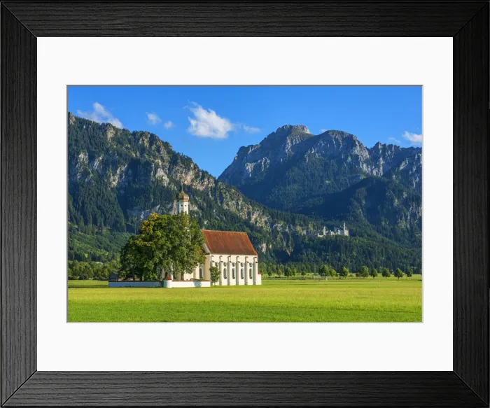 Framed Print : Church St. Coloman with Neuschwanstein castle and Saauling mountain, Schwangau, Bavaria Framed Print : Church St. Coloman with Neuschwanstein castle and Saauling mountain, Schwangau, Bavaria