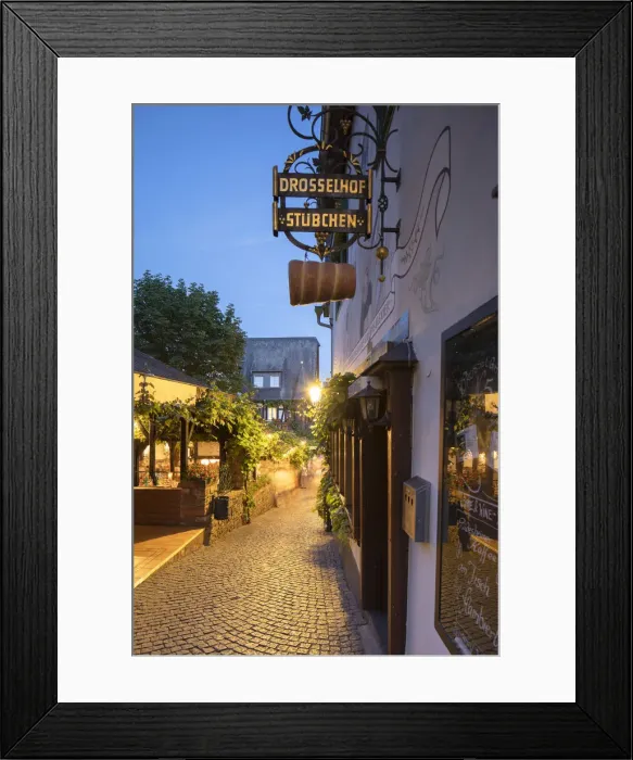Framed Print : Drosselgasse Street at dusk, Rudesheim, Rhineland-Palatinate, Germany Framed Print : Drosselgasse Street at dusk, Rudesheim, Rhineland-Palatinate, Germany
