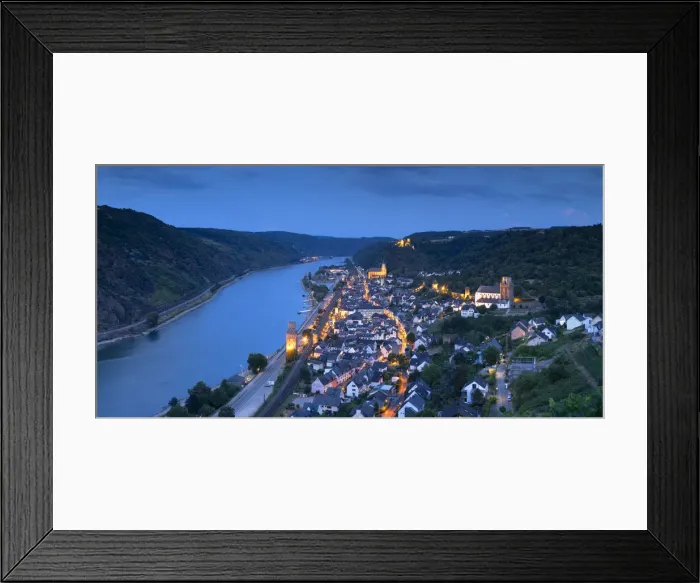 Framed Print : View of Oberwesel and River Rhine at dusk, Oberwesel, Rhineland-Palatinate, Germany Framed Print : View of Oberwesel and River Rhine at dusk, Oberwesel, Rhineland-Palatinate, Germany