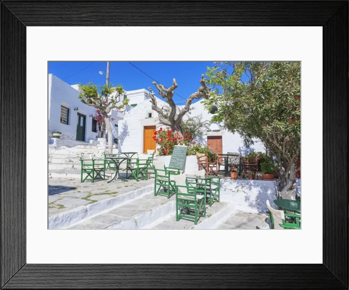 Framed Print : Streetside cafe tables and chairs, Amorgos, Cyclades Islands, Greece, Europe