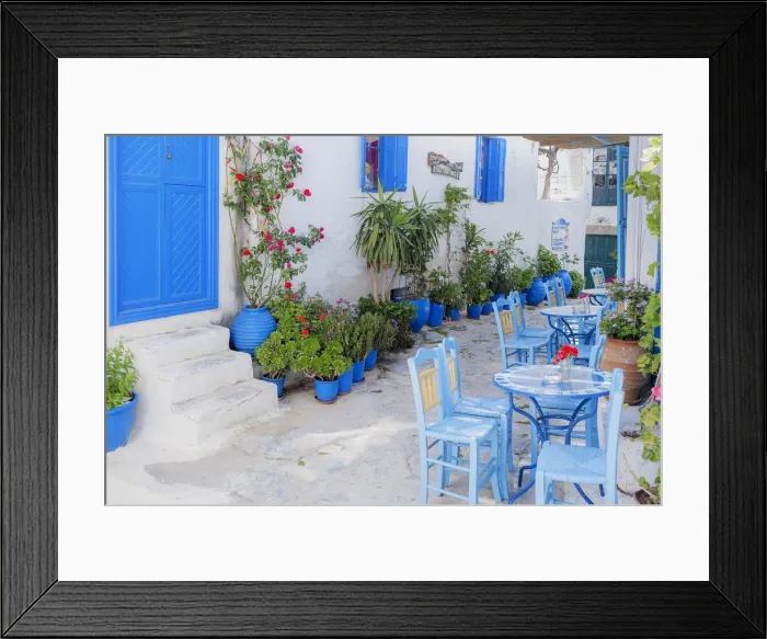 Framed Print : Streetside cafe tables and chairs, Amorgos, Cyclades Islands, Greece, Europe