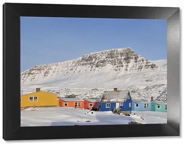 Colorful row of houses, Qeqertarsuaq, Disko Island, Greenland