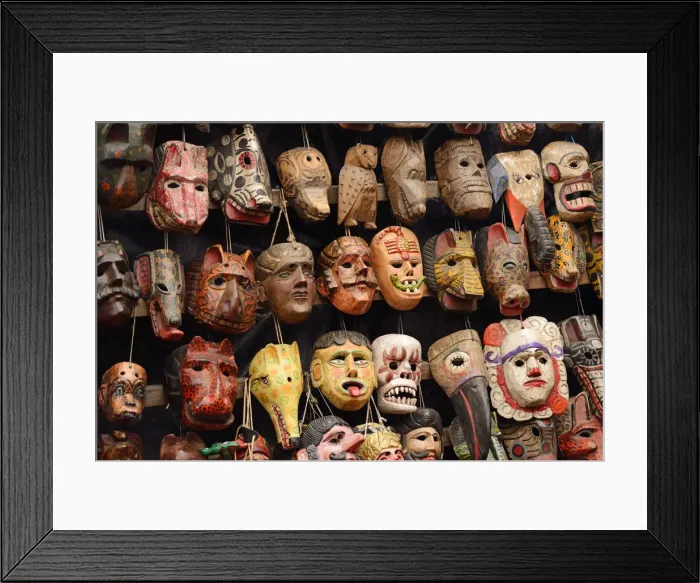 Framed Print : Carved masks for sale in Chichicastenango, Guatemala, Central America Framed Print : Carved masks for sale in Chichicastenango, Guatemala, Central America