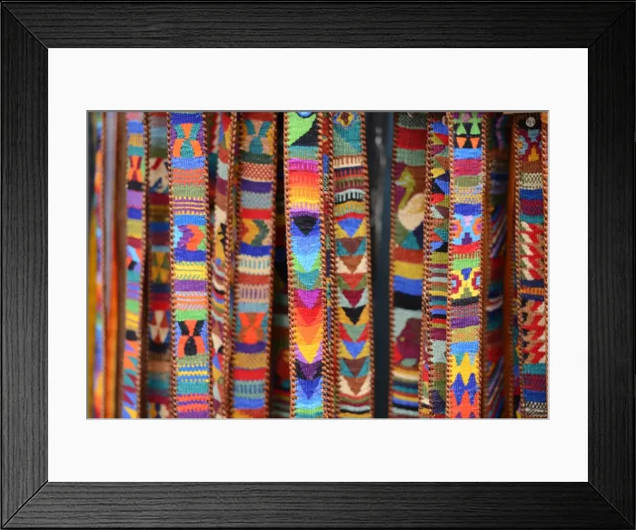 Framed Print : Embroidered belts for sale in Chichicastenango, Guatemala, Central America