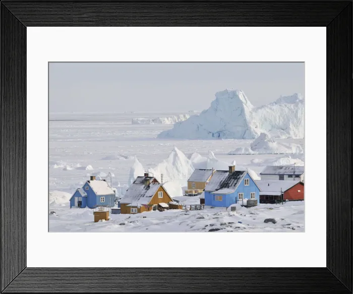 Framed Print : Colourful row of houses with icebergs in the background, Qeqertarsuaq, Disko Island Framed Print : Colourful row of houses with icebergs in the background, Qeqertarsuaq, Disko Island