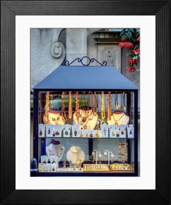 Framed Print : Poland, Pomeranian Voivodeship, Gdansk, Old Town, Amber Jewellery display on Mariacka Framed Print : Poland, Pomeranian Voivodeship, Gdansk, Old Town, Amber Jewellery display on Mariacka