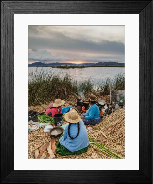 Framed Print : Native Uro Family preparing a meal, Uros Floating Islands, Lake Titicaca, Puno Region Framed Print : Native Uro Family preparing a meal, Uros Floating Islands, Lake Titicaca, Puno Region