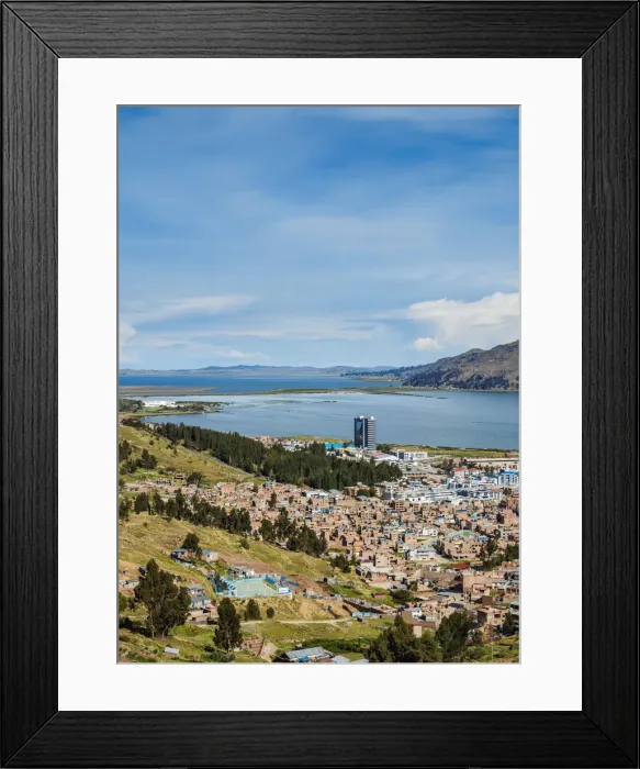 Framed Print : Cityscape of Puno and Lake Titicaca, elevated view, Puno Region, Peru Framed Print : Cityscape of Puno and Lake Titicaca, elevated view, Puno Region, Peru