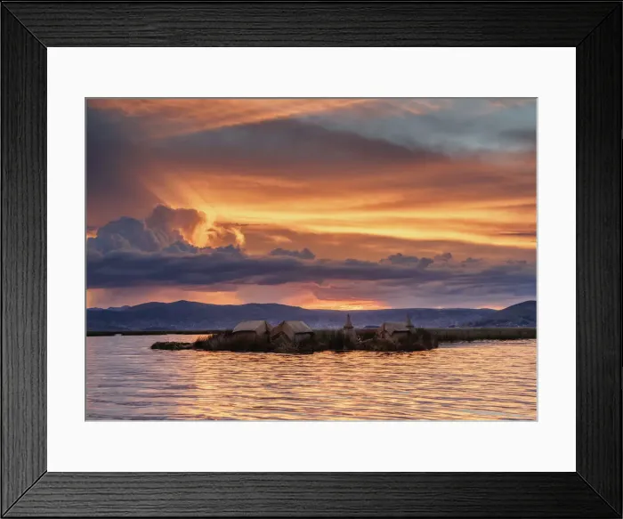 Framed Print : Uros Floating Islands at sunset, Lake Titicaca, Puno Region, Peru Framed Print : Uros Floating Islands at sunset, Lake Titicaca, Puno Region, Peru