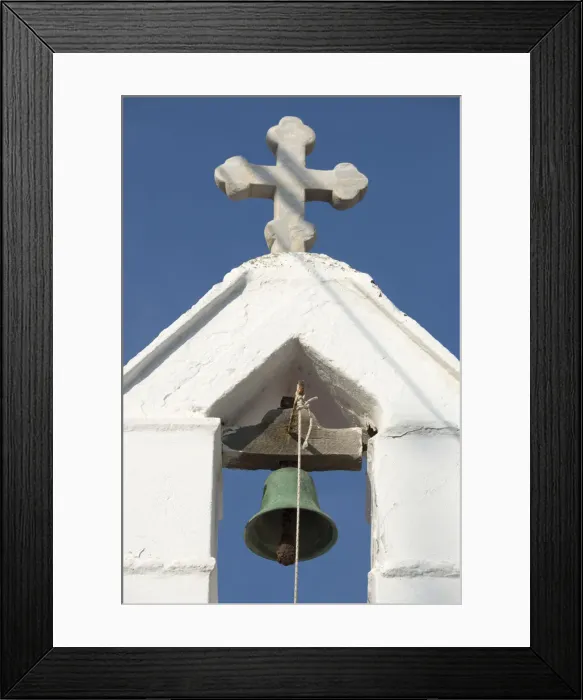 Framed Print : Europe, Greece, Cyclades island, Aegean Sea, Mykonos, Myconos, Cross and Bell Framed Print : Europe, Greece, Cyclades island, Aegean Sea, Mykonos, Myconos, Cross and Bell