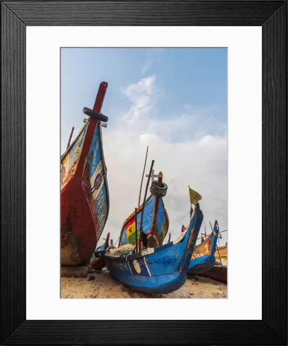 Framed Print : Africa, Ghana, Elmina and surroundings. Traditional fishing boats on the beach in Framed Print : Africa, Ghana, Elmina and surroundings. Traditional fishing boats on the beach in