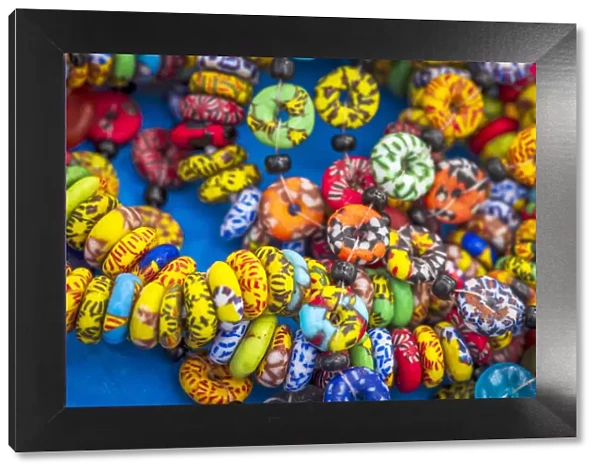 Africa, Ghana, Elmina. Handmade glass bead bracelets in Ampenyi