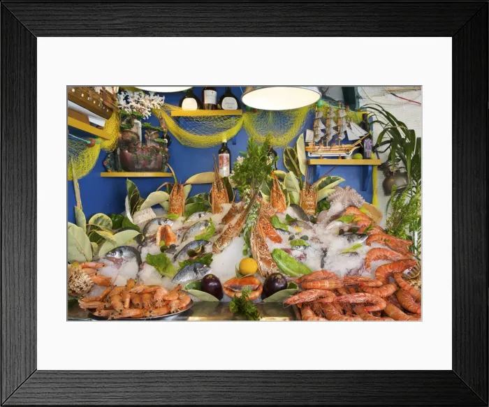 Framed Print : Fish and seafood in a tavern in Rethymnon, Crete, Greece Framed Print : Fish and seafood in a tavern in Rethymnon, Crete, Greece