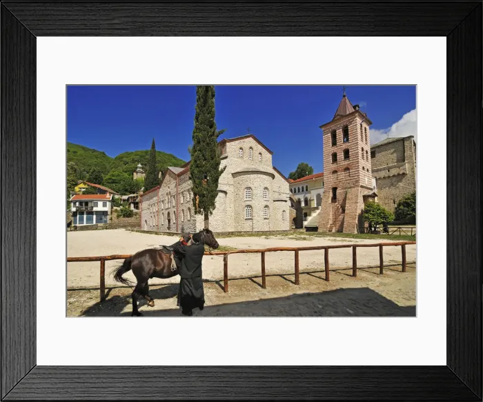 Framed Print : Horse riding monk, Protato Church, Karies, Mount Athos, Chalkidiki, Greece Framed Print : Horse riding monk, Protato Church, Karies, Mount Athos, Chalkidiki, Greece
