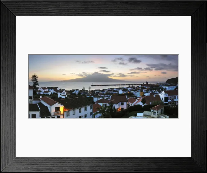 Framed Print : The city of Horta at dawn with the volcano of Pico island on the horizon Framed Print : The city of Horta at dawn with the volcano of Pico island on the horizon