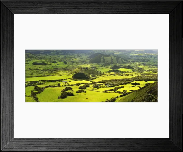 Framed Print : Volcanic landscape with pastures between craters. Pico, Azores islands, Portugal Framed Print : Volcanic landscape with pastures between craters. Pico, Azores islands, Portugal