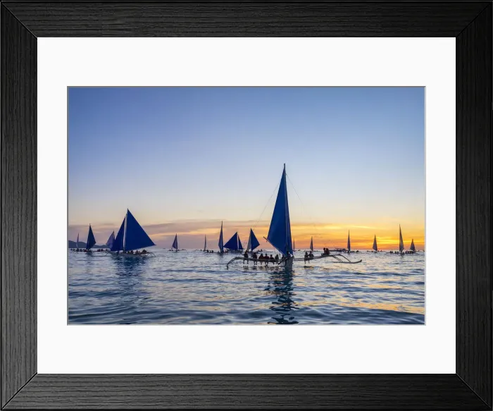 Framed Print : Sailboats at sunset on White Beach, Boracay Island, Aklan Province, Western Visayas