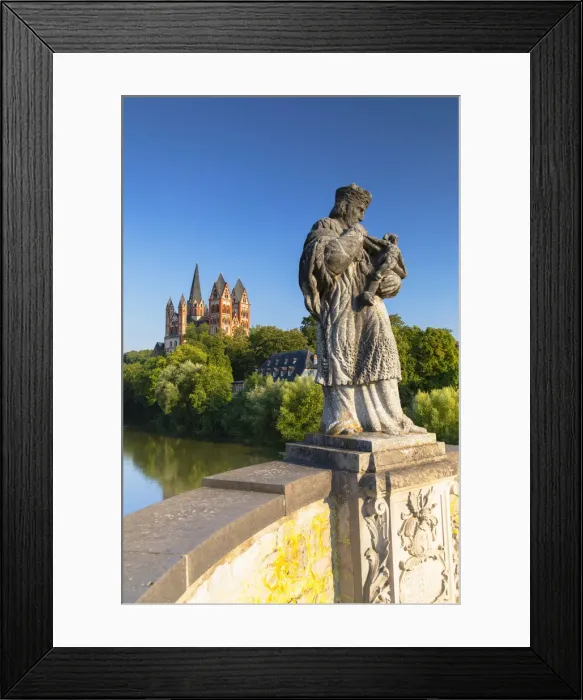 Framed Print : Statue on Old Lahn Bridge (Alte Lahnbrucke) and Cathedral (Dom), Limburg, Hesse, Germany