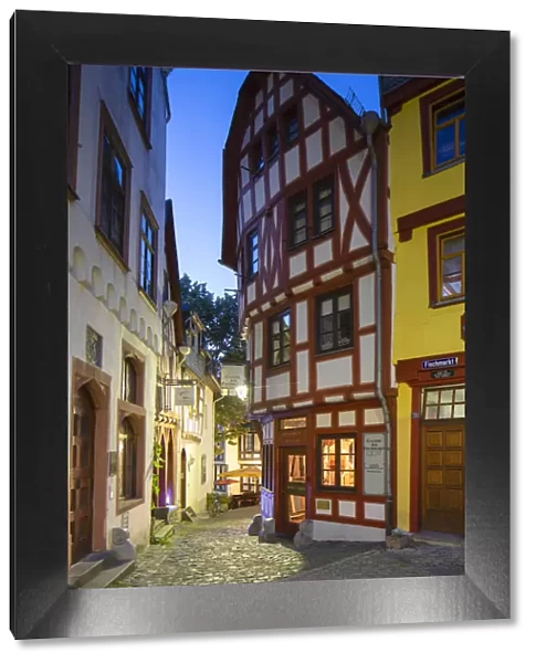 Half-timbered buildings in Fischmarkt at dusk, Limburg, Hesse, Germany