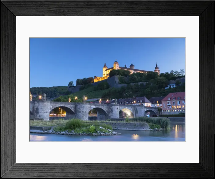 Framed Print : Marienberg Fortress and Old Main Bridge at dusk, Wurzburg, Bavaria, Germany