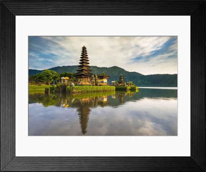 Framed Print : Bali, Indonesia, South East Asia. Pura Ulun Danu Bratan water temple at the edge of Framed Print : Bali, Indonesia, South East Asia. Pura Ulun Danu Bratan water temple at the edge of