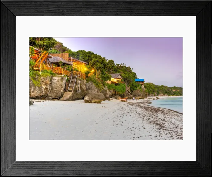 Framed Print : Sea cottages on the beach at dusk, Beach, Bira, Sulawesi, Indonesia Framed Print : Sea cottages on the beach at dusk, Beach, Bira, Sulawesi, Indonesia