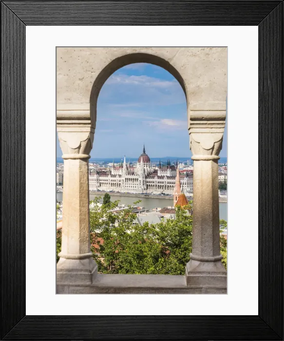 Framed Print : Views towards Danube and Hungarian Parliament from the arches of Fishermans Bastion Framed Print : Views towards Danube and Hungarian Parliament from the arches of Fishermans Bastion