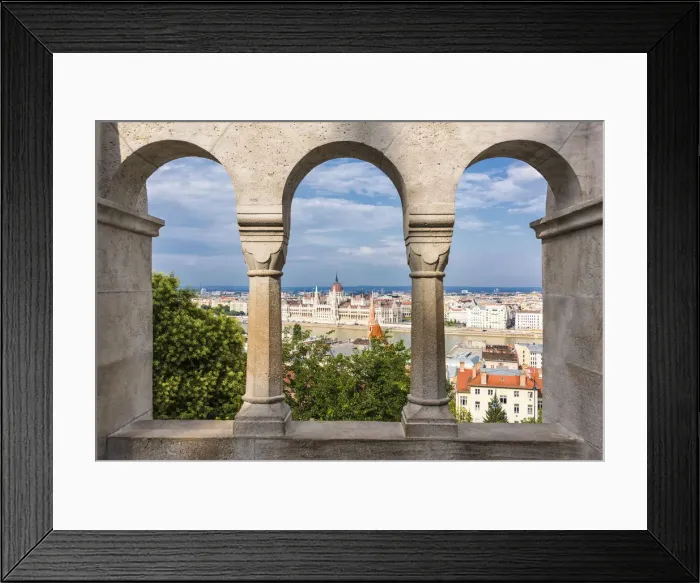 Framed Print : Views towards Danube and Hungarian Parliament from the arches of Fishermans Bastion